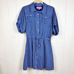 LDT Blue & White Gingham Shirt Dress Women's 6 Preppy Cinched Waist Puff Sleeve